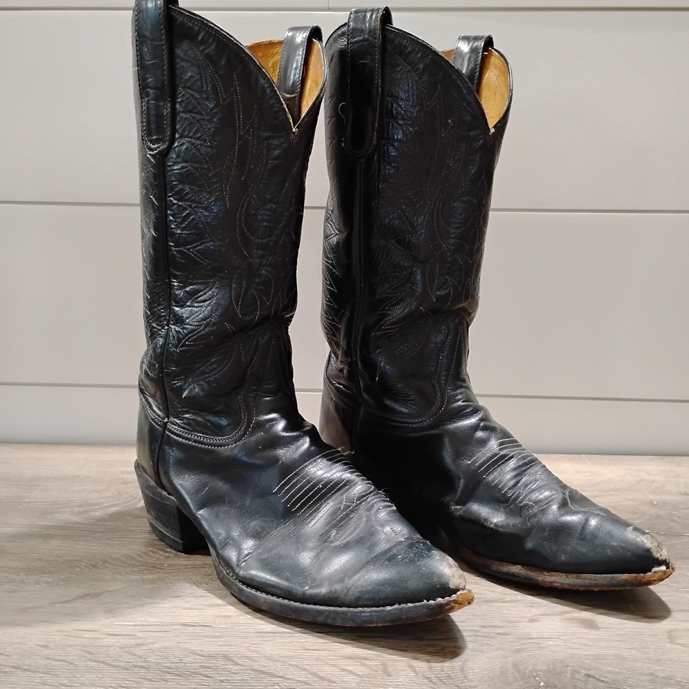 Vintage Tony Lama Boots Mens 9.5B Black Leather Cowboy Pointed Western USA 2959